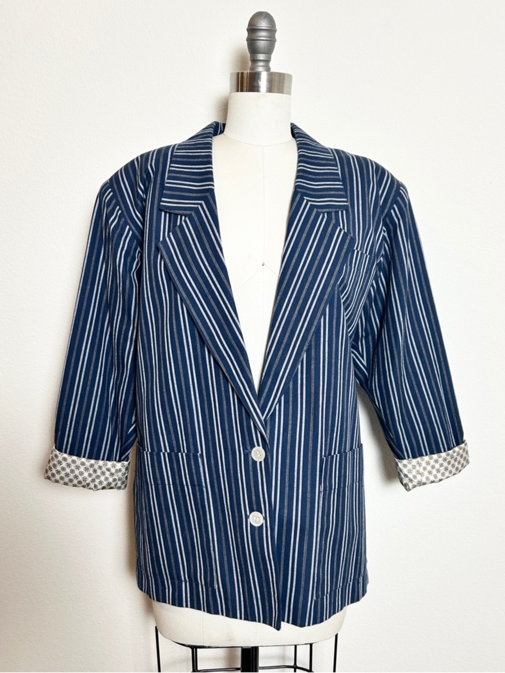 Vintage Liz Claiborne 100% Cotton Prepcore Striped Navy Blue Women's Blazer M